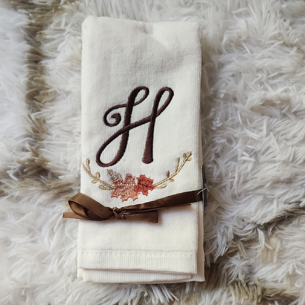 Monogrammed "H" Kitchen Towel with Brown Ribbon Set Of 2